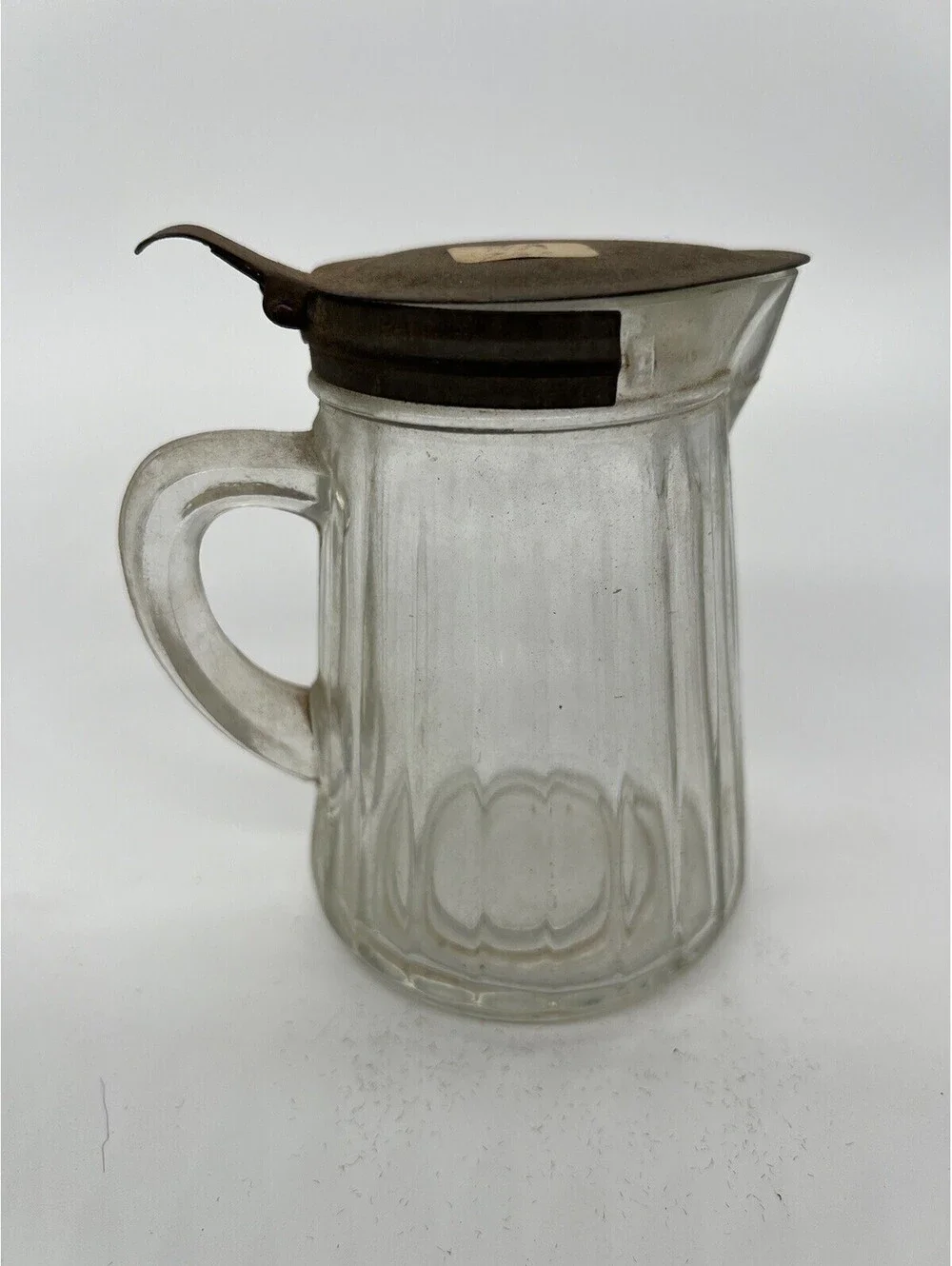 Antique Primitive Ribbed Glass Syrup Pitcher with Tin Lid